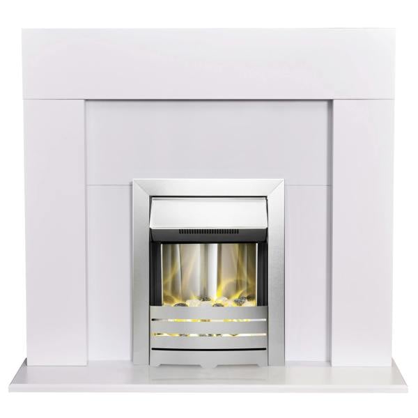 Adam Miami Fireplace in Pure White with Helios Electric Fire in Brushed Steel, 48 Inch