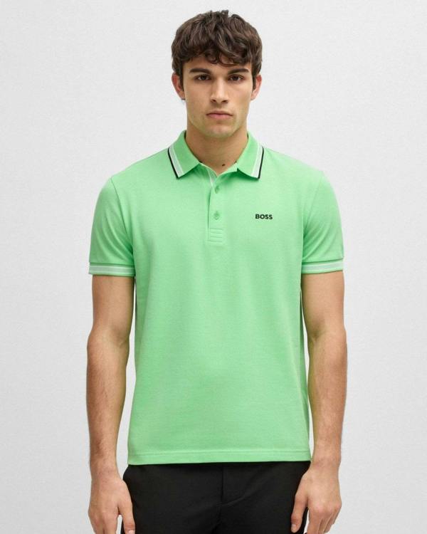 BOSS Green Paddy Mens Cotton-Piqué Polo Shirt with Contrast Logo - Medium Green 319 - CHO - Designer Mens Short Sleeve Polo Shirts