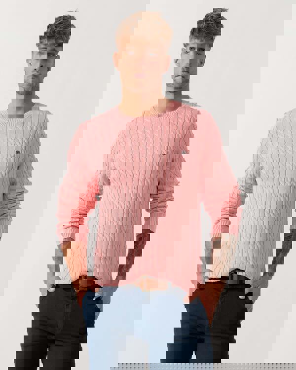 Man wearing GANT Mens Cotton Cable Knit Crew Neck Jumper in 666 Washed Pink - Main