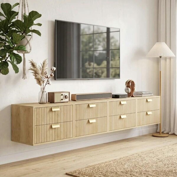 Modern Floating Nightstands Set of 2, Wall Mounted Bedside Tables with 2 Drawers, Oak