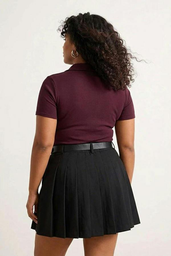 WOVCOR Polo Collar Body-Fitting Ribbed Knit Blouse