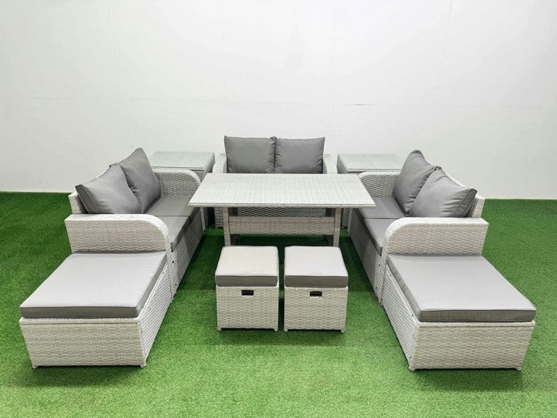 Fimous Rattan 10 Seater Outdoor Garden Furniture Set with Dining Table Love Sofa 2 Big Footstools 2 Small Stool 2 Side Tables Light Grey