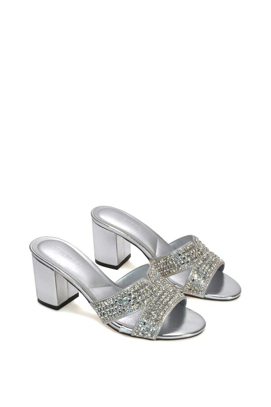 XY LONDON Sparkly Diamante Strappy Mid Block Heeled Sandal Mules