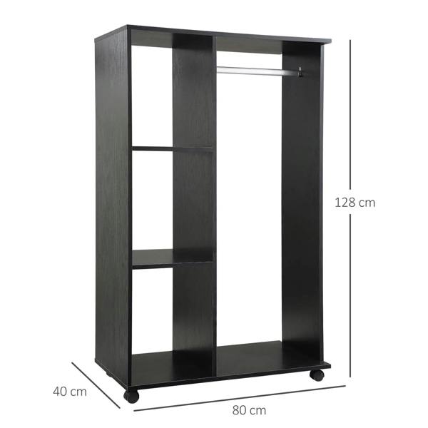 Black mobile garment rack with hanging rail and three open shelves, side view with dimensions
