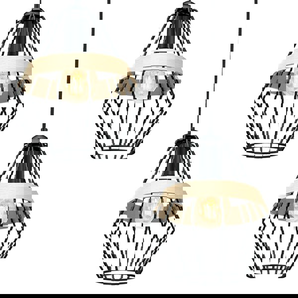 Milagro Cliff Black Pendant Lamp 3XE27 Hand Made Matt Black Cage Style Lamps With Natural Wood Detail