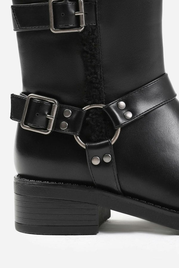 Where's That From Wynter Ankle Boot With Buckle Detailing in Black Faux Leather