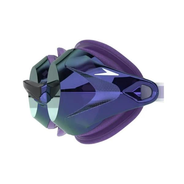 Speedo Vanquisher 3.0 mirrored womens swim goggles with purple black diamond frames, comfortable gasket, nose bridges, easy adjustment