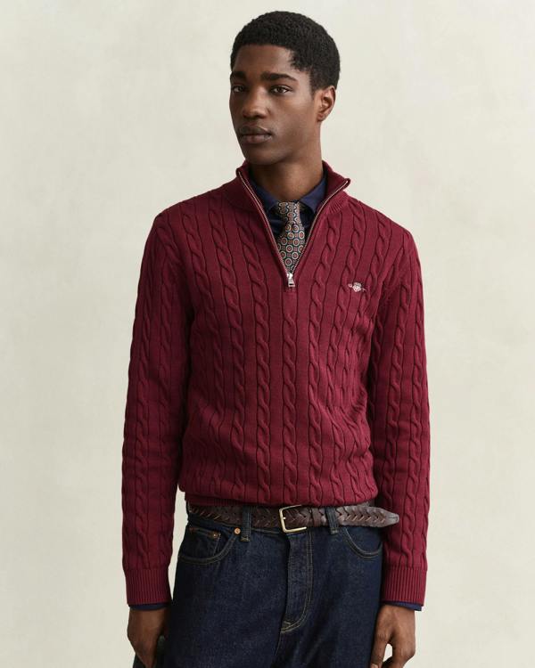 GANT Mens Cotton Cable Half Zip Jumper - 676 Deep Grape Wine | CHO | Designer Mens Half Zip Jumpers