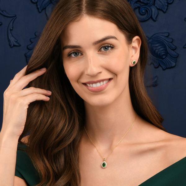namana Gold Plated Sterling Silver Green Cubic Zirconia Oval Halo Pendant Necklace
