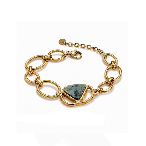 A gold chain bracelet featuring a central triangular stone inlay with blue, gray, and white marbled patterns, set against a plain white background.