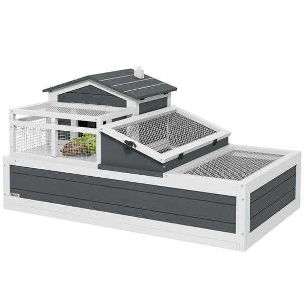 Grey and white 3-room two-story tortoise house with wire floors and openable roof panels