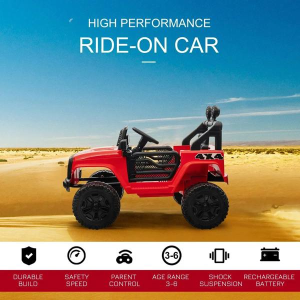 Red 4x4 ride-on car with open mesh doors, roll cage, and knobby tires.