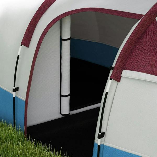 Tunnel tent doorway with red arch trim, visible poles, and dark interior entrance.