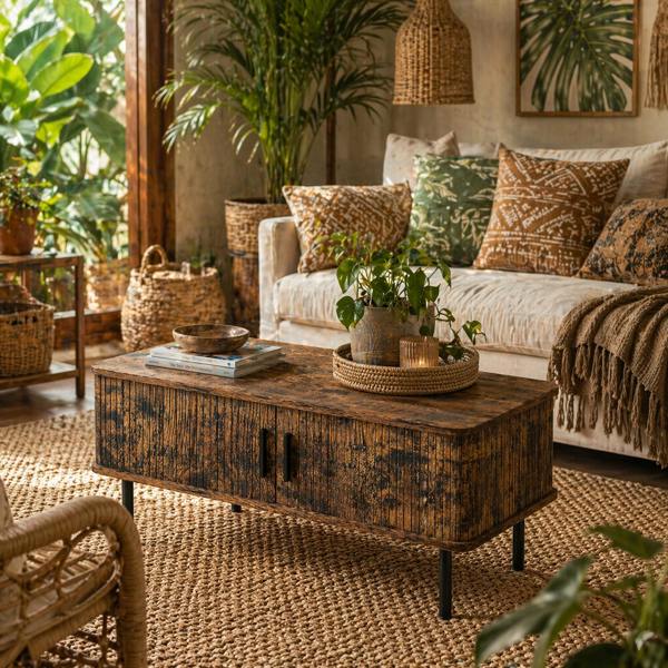 Wyld Haus Ninoma Wooden Rustic Brown Rectangular Coffee Table With Tambour Doors