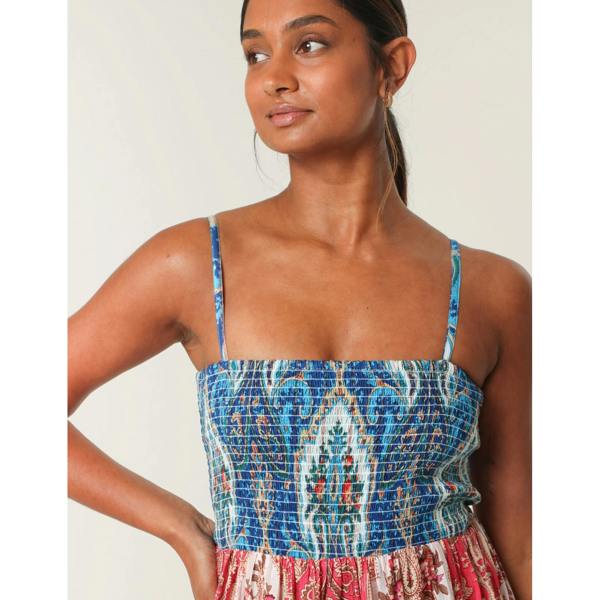 Blue Vanilla Paisley Printed Shirred Waist Strappy Midi Dress