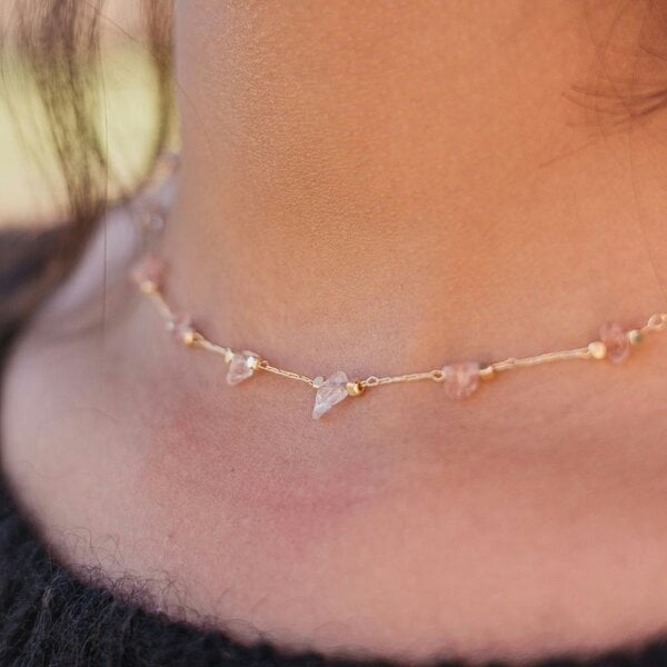 The Colourful Aura Gold Crystal Quartz Healing Dainty Colourful Citrine Choker Necklace - Pink - Pink