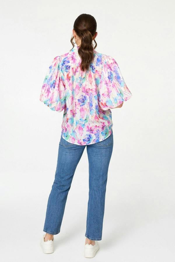 Pink | Abstract 1/2 Puff Sleeve Boxy Blouse