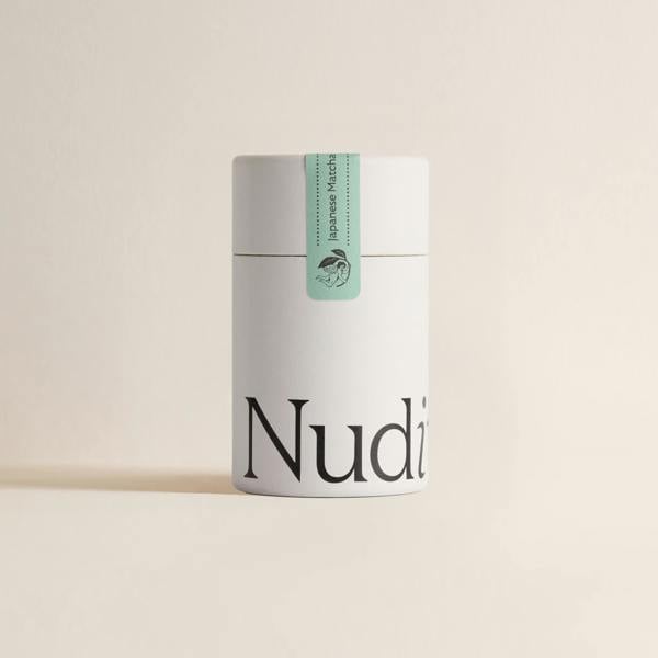 Nuditea Japanese Matcha - Ceremonial Grade Matcha Green Tea Powder - Premium Japanese Matcha for tea rituals and matcha lattes. Sustainable, recyclable, plastic-free packaging highlighting vibrant, antioxidant-rich green tea.