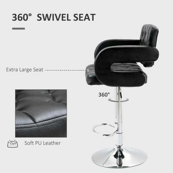 Black 360-degree swivel bar stool with thick padded seat, PU leather, round metal base