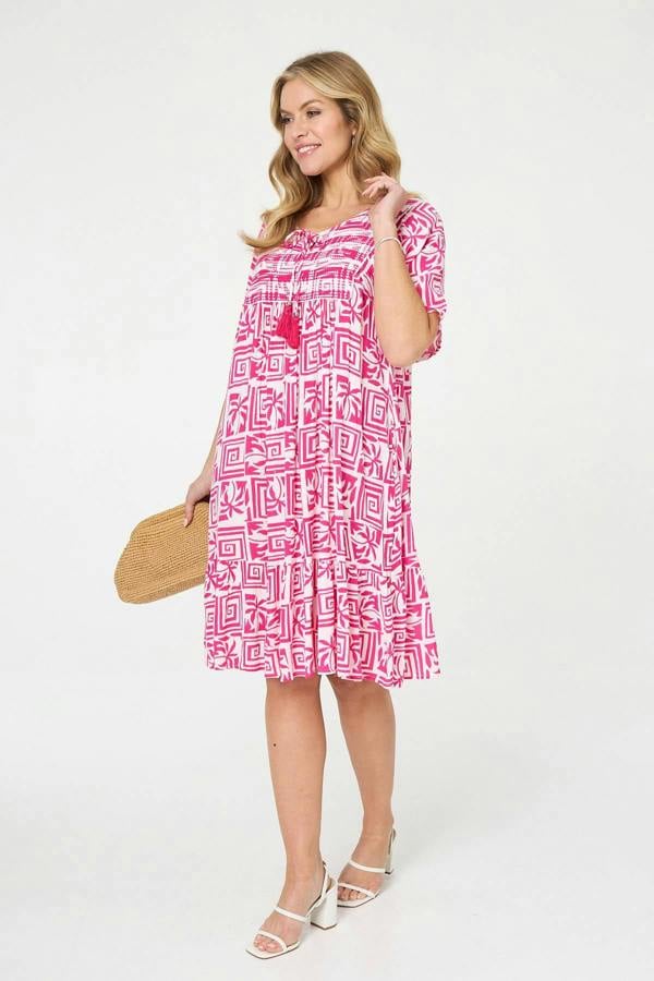 Pink | Printed Tassel Neck Knee Length Dress