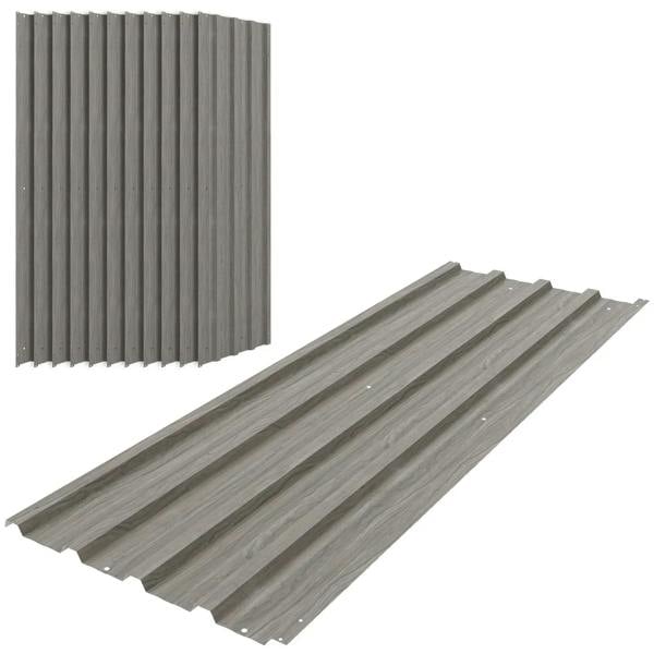 Corrugated steel roof sheet panels, grey wood-grain effect, ridged profile