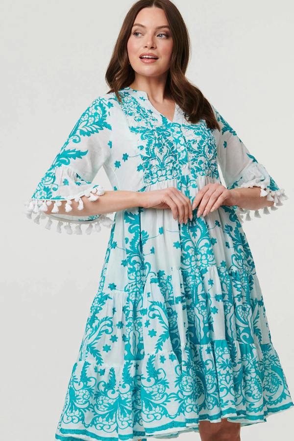 Blue | Printed Tassel Sleeve Knee Length Dress