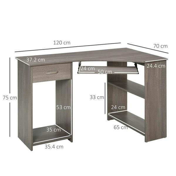 Grey L-shaped corner desk with pull-out keyboard tray and open storage shelves