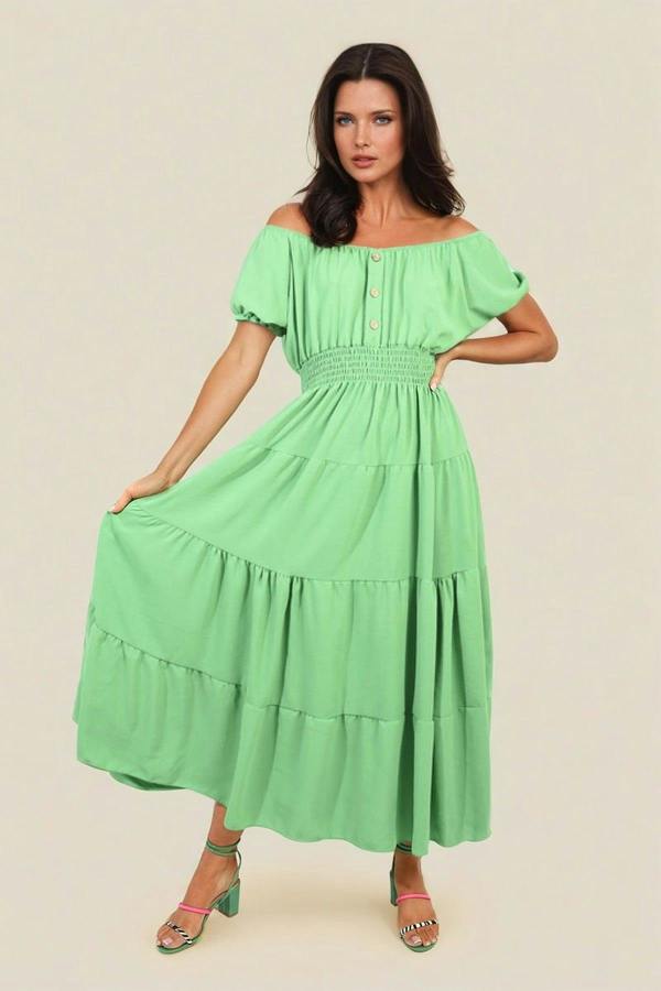 Emmy Smocked Waist Tiered Midi Dress - Green