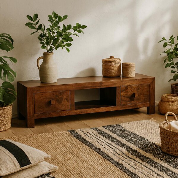 Wyld Haus Phuket Dark Mango Wood TV Media Unit 2 Drawers 1 Open Shelf