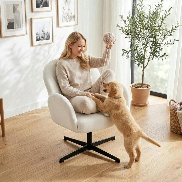 Bobobiy Swivel Accent Chair, Shell-Shaped Armchair with Spring Cushion, Metal Base, Cream White