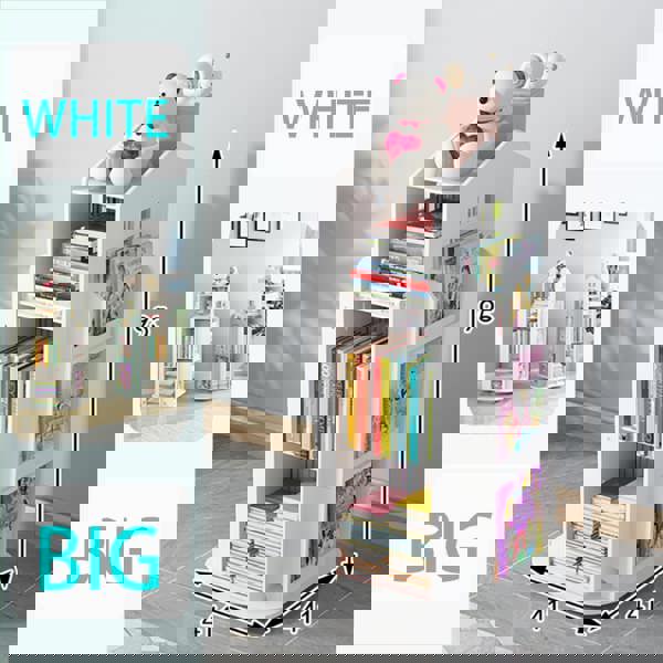 Living and Home House Frame Rotating Bookshelf Storage Rack - White