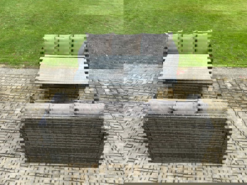 Fimous Patio Rattan Garden Furniture Set with Oblong Rectangular Dining Table 6 Seater Outdoor 3 Seater Sofa Set Dark Grey Mixed