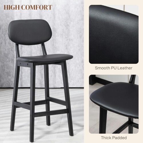 Wyld Haus Resono Solid Wood Black Classic Bar Stools Set Of 2 With Faux Leather Seats