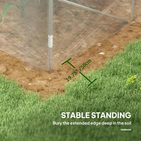 Walk-in greenhouse installation with buried base edge for stable standing