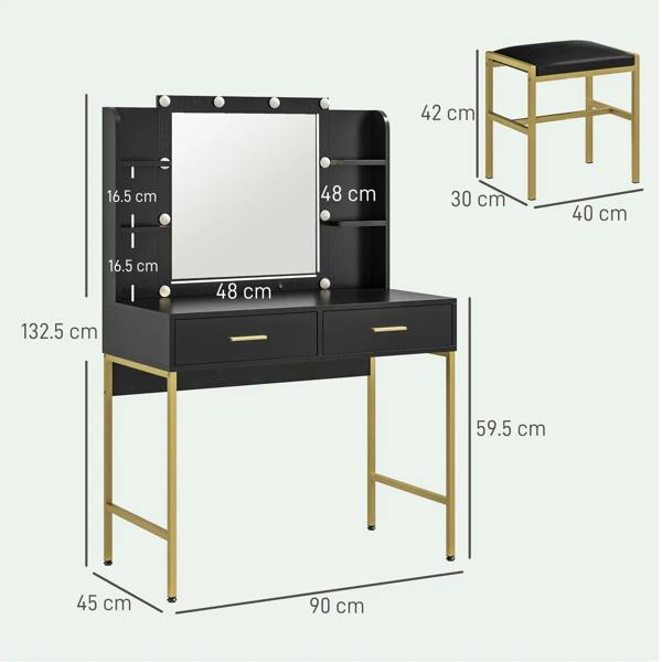 Black dressing table vanity with mirror and two drawers, gold frame; stool shown
