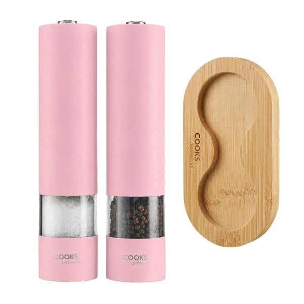 Cooks Professional Electric Salt and Pepper Mill Set with Bamboo Base | Pink