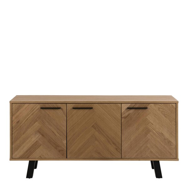 Wyld Haus Chevron Herringbone Natural Oak Wood 3 Door Sideboard