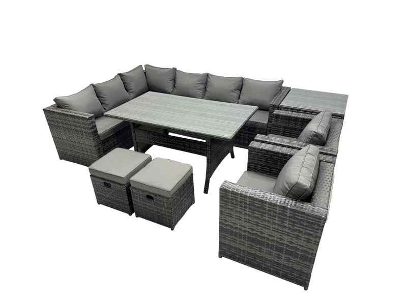 Fimous Outdoor PE Rattan Sofa Set with Dining Table Patio Garden Furniture Sets with 2 Small Stools Side Table Dark Grey Mixed