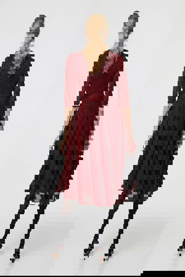 Red | Glitter Mesh Twist Front Midi Dress
