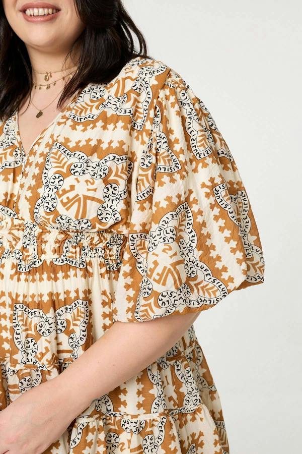 Mustard | Mosaic Print 1/2 Puff Sleeve Midi Dress
