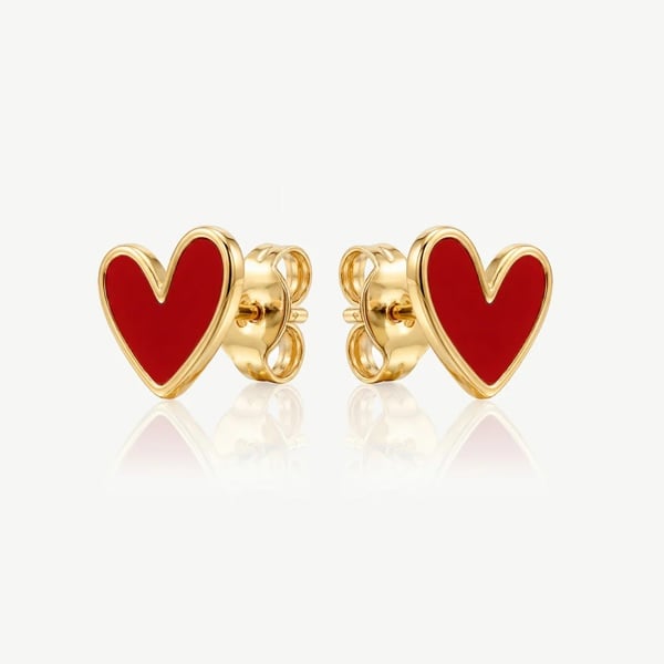 Red Enamel Heart Stud Earrings in Gold
