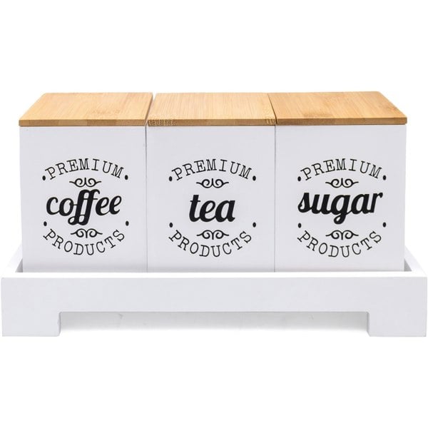 Maison des Cadeaux White Tea, Coffee & Sugar Canisters (Set of 3) with Bamboo Lids & Stand