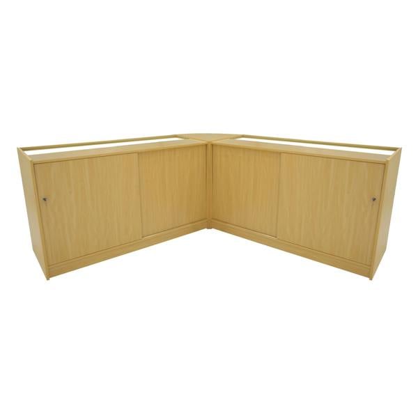 Triton LED Shop Counter Set in maple finish, featuring a modern corner design with smooth surfaces and ample storage space