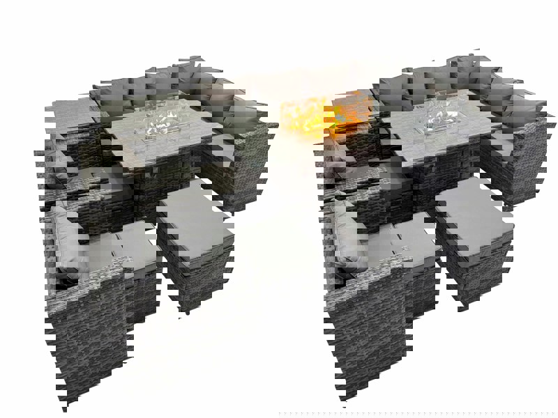 Fimous Garden Rattan Furniture Set 11 Seater Outdoor Corner Sofa 2 Chair Gas Fire Pit Dining Table Set with 3 Stools Side Table Dark Grey