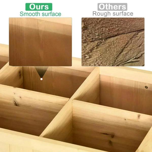 Wooden planter interior with divided compartments and smooth finish, oak tone