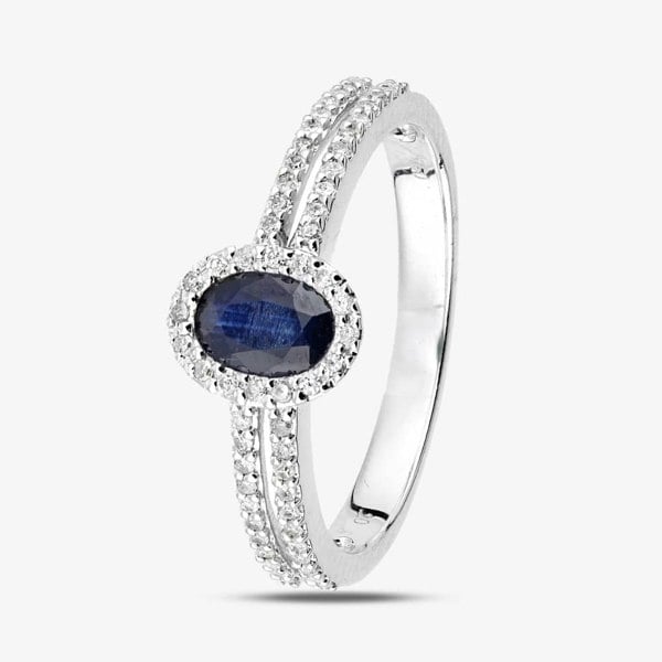 T. H. Baker 18ct White Gold Oval Sapphire & 0.20ct Diamond Halo Ring DR1615W18SA