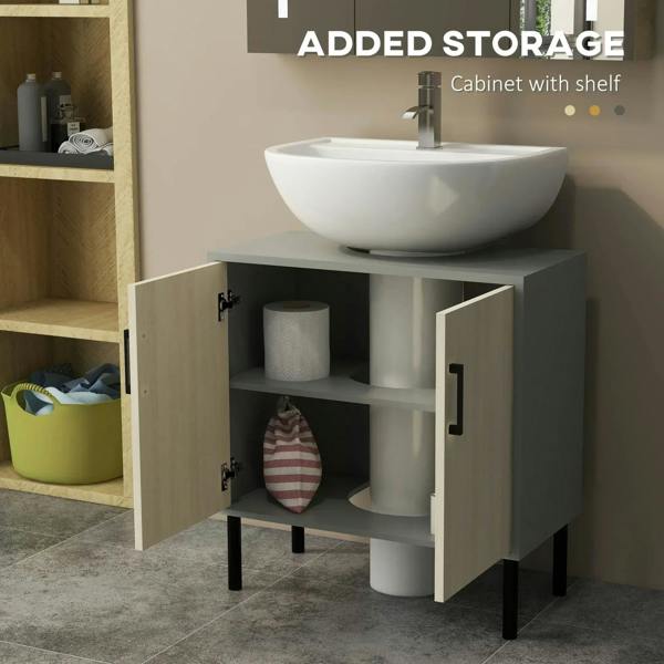 Under-sink cabinet with open doors and two-tier shelves, natural wood finish.