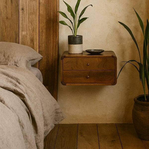 Wyld Haus Monforte Floating Curved Chestnut Mango Wood Bedside Table 2 Drawers