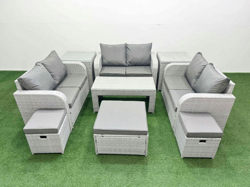 Fimous  9 Seater PE Wicker Rattan Furniture Sofa Sets with Oblong Coffee Table 2 Seater Love Sofa 3 Stool 2 Side Table Light Grey