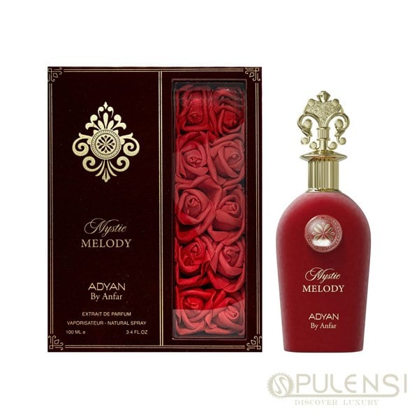 Adyan by Anfar Mystic Melody perfume bottle and packaging with red roses.